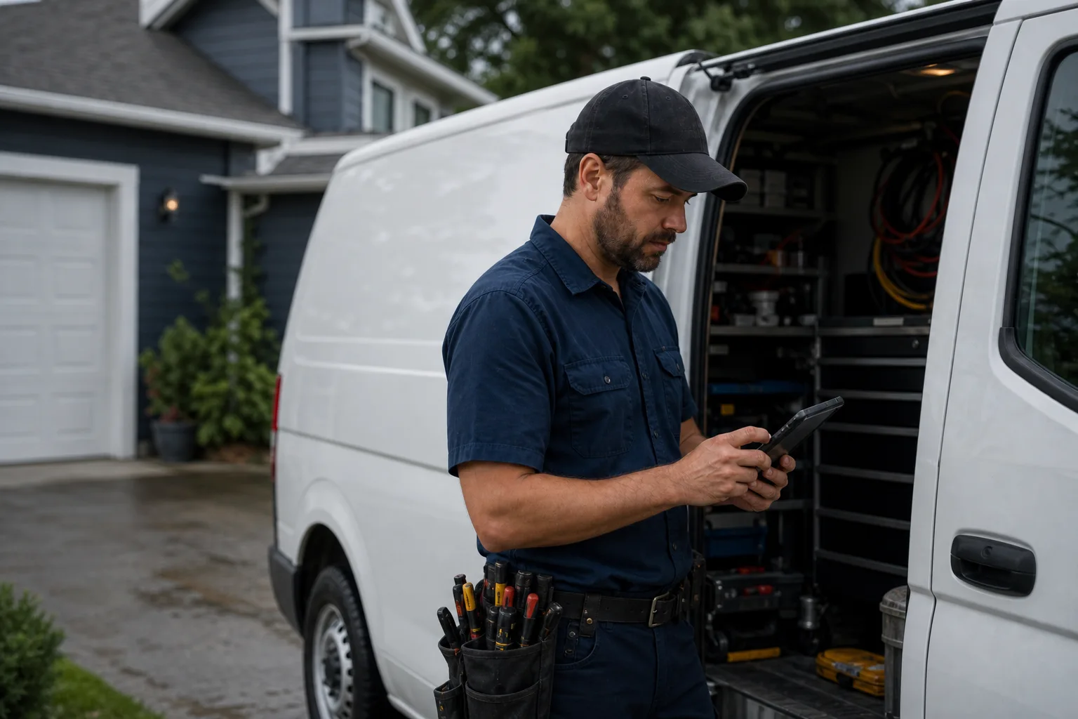 Home service technician reviewing a tablet beside an open service van