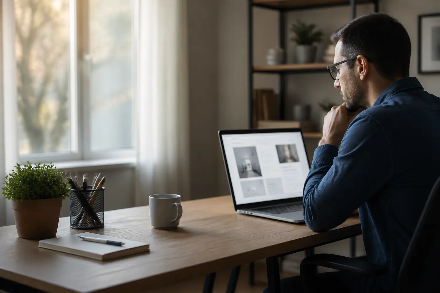 Business owner reviewing a website design on a laptop at a desk